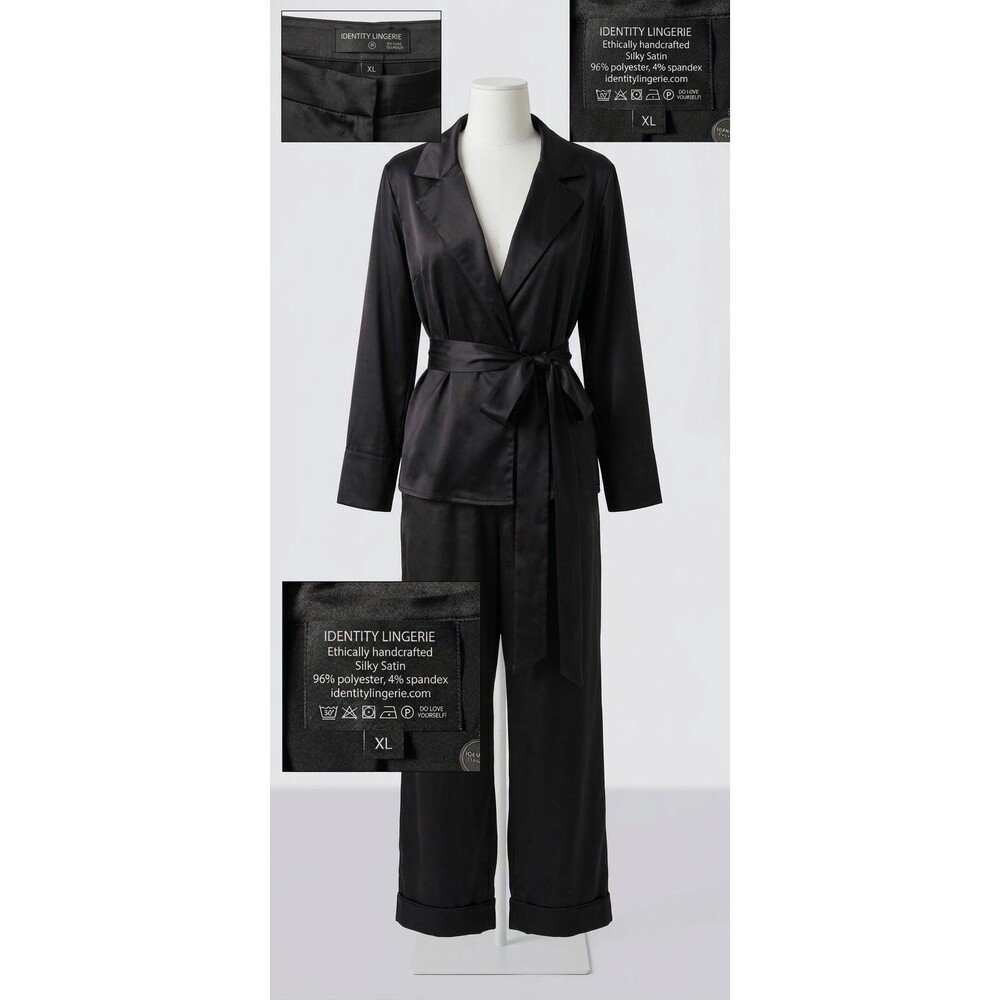Identity Lingerie Black Silky Satin Robe & Pants Set Size XL⁠
